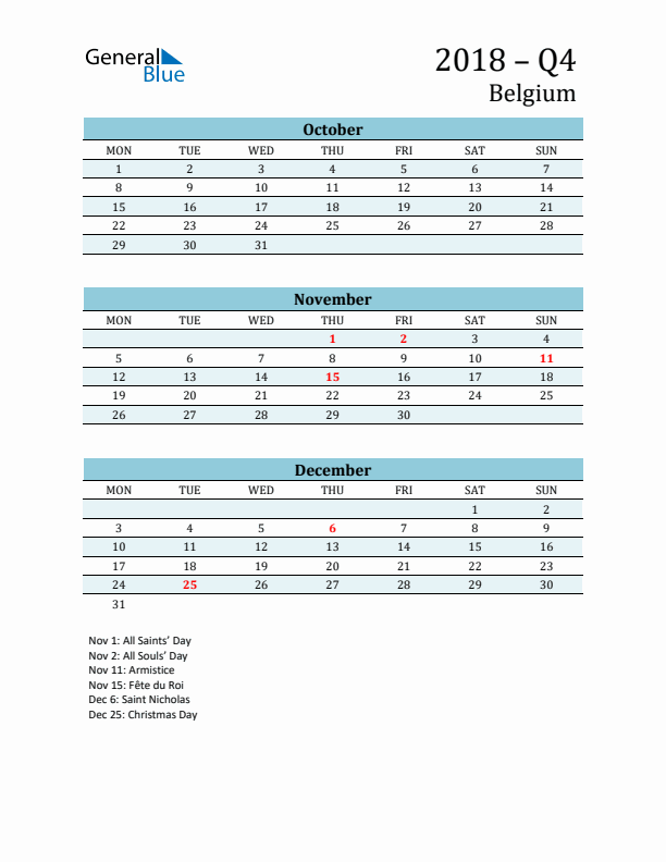 Three-Month Planner for Q4 2018 with Holidays - Belgium