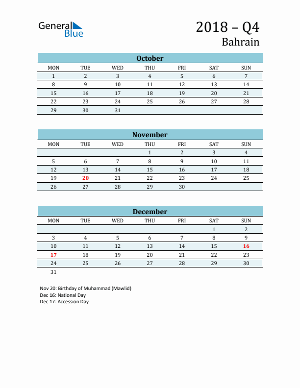 Three-Month Planner for Q4 2018 with Holidays - Bahrain