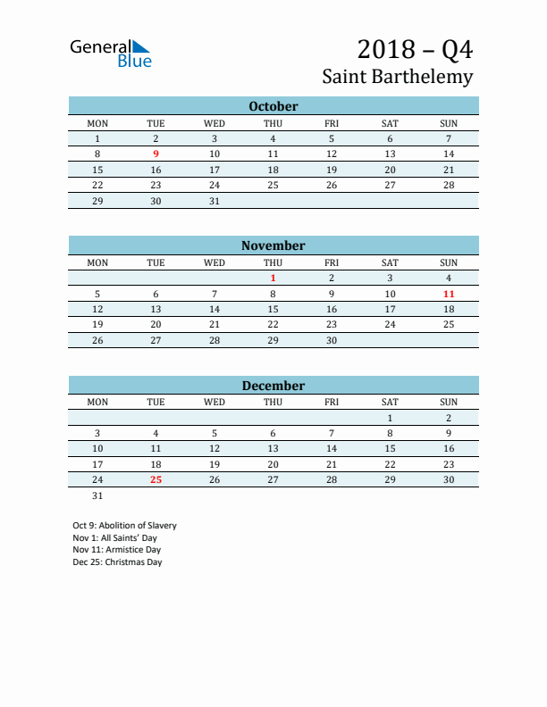 Three-Month Planner for Q4 2018 with Holidays - Saint Barthelemy
