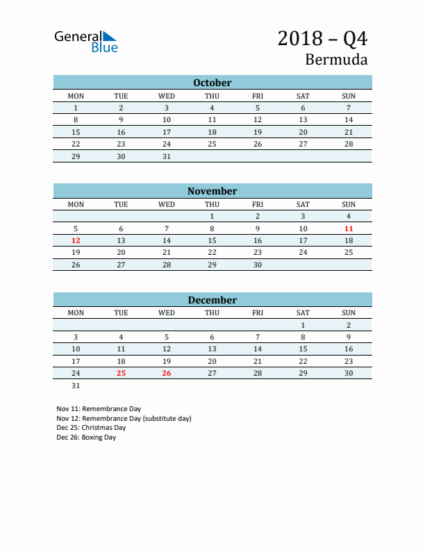 Three-Month Planner for Q4 2018 with Holidays - Bermuda