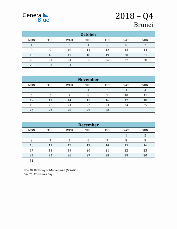 Three-Month Planner for Q4 2018 with Holidays - Brunei