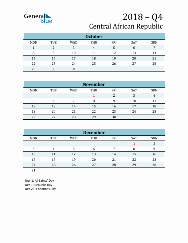 Three-Month Planner for Q4 2018 with Holidays - Central African Republic