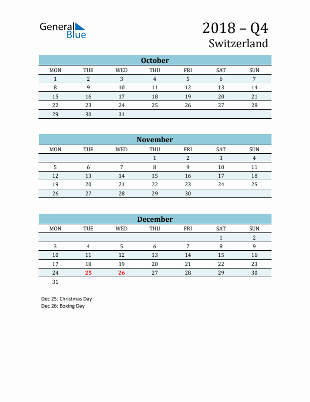 Three-Month Planner for Q4 2018 with Holidays - Switzerland