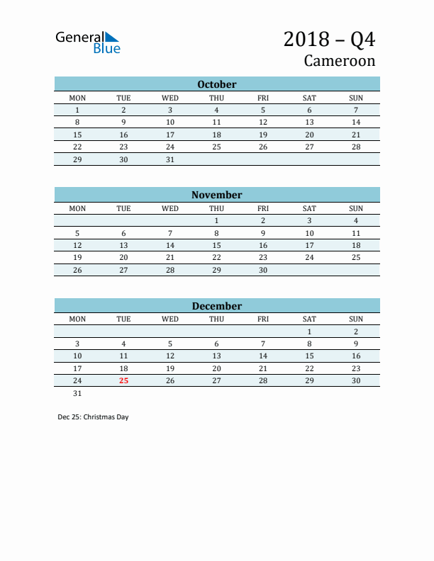 Three-Month Planner for Q4 2018 with Holidays - Cameroon