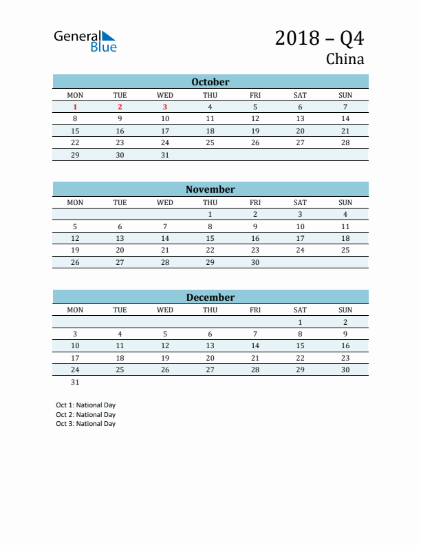 Three-Month Planner for Q4 2018 with Holidays - China