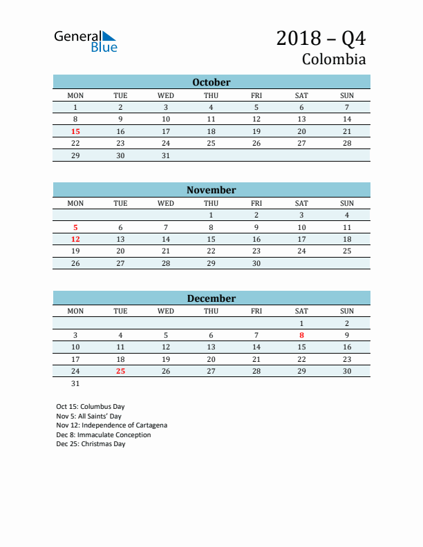 Three-Month Planner for Q4 2018 with Holidays - Colombia