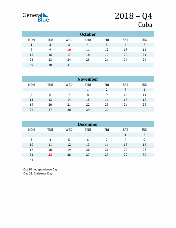 Three-Month Planner for Q4 2018 with Holidays - Cuba