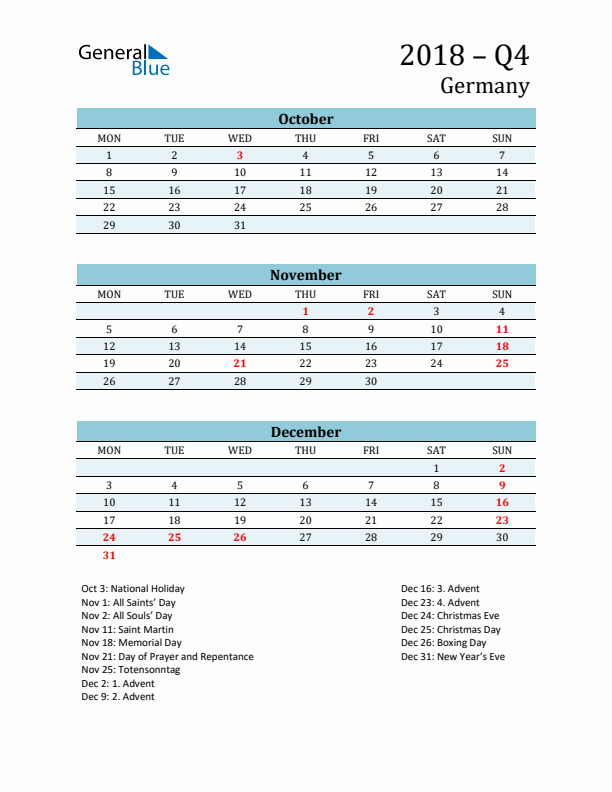 Three-Month Planner for Q4 2018 with Holidays - Germany