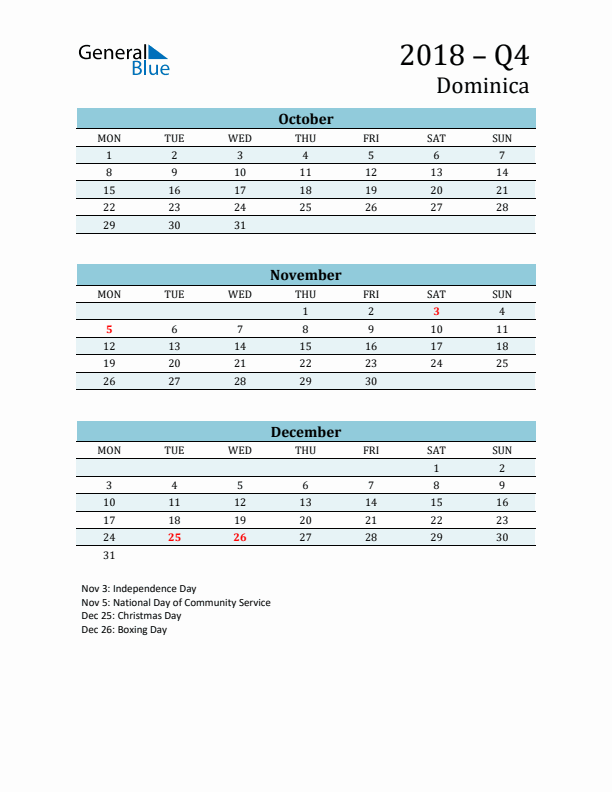 Three-Month Planner for Q4 2018 with Holidays - Dominica