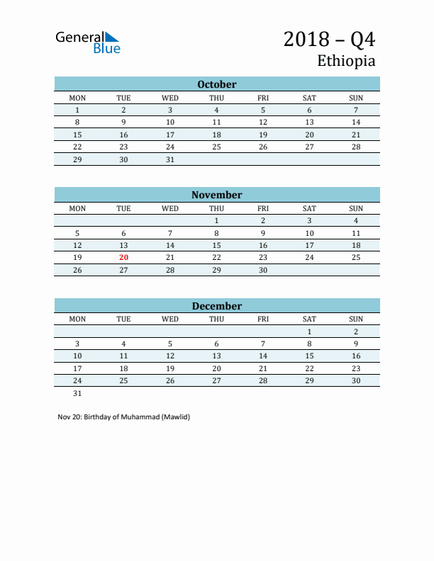 Three-Month Planner for Q4 2018 with Holidays - Ethiopia