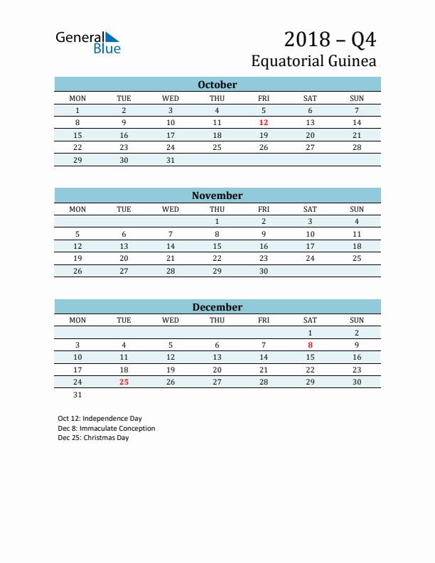 Three-Month Planner for Q4 2018 with Holidays - Equatorial Guinea