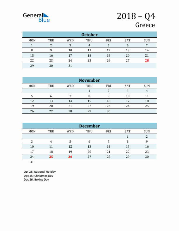 Three-Month Planner for Q4 2018 with Holidays - Greece