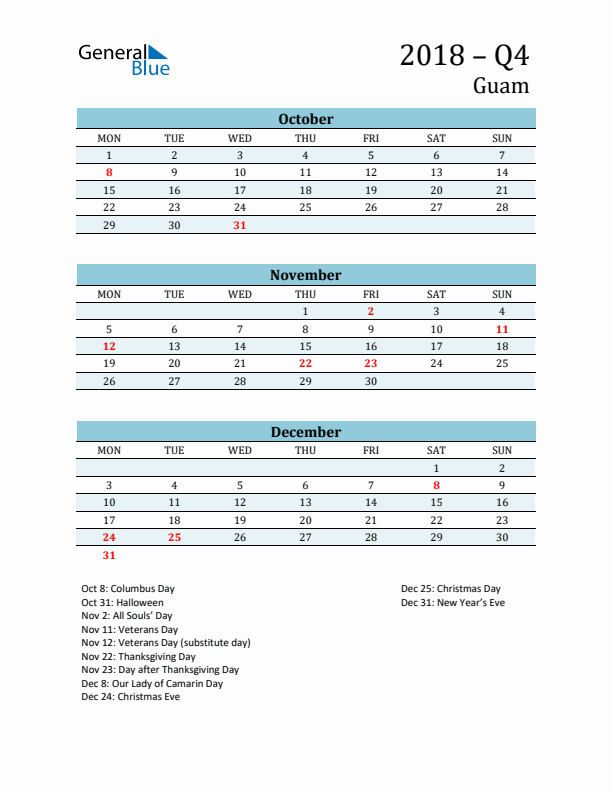 Three-Month Planner for Q4 2018 with Holidays - Guam