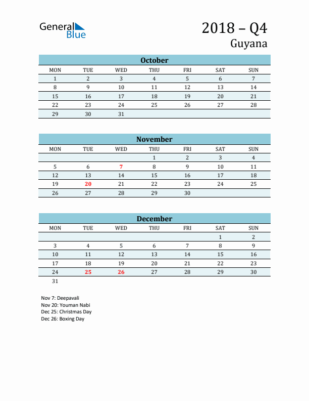 Three-Month Planner for Q4 2018 with Holidays - Guyana