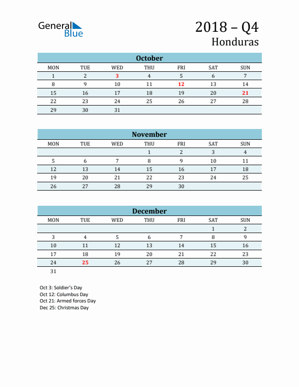 Three-Month Planner for Q4 2018 with Holidays - Honduras