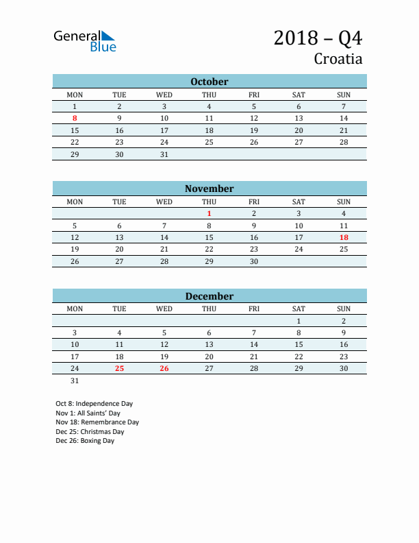 Three-Month Planner for Q4 2018 with Holidays - Croatia