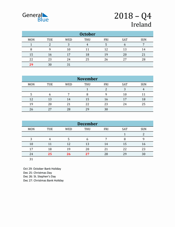Three-Month Planner for Q4 2018 with Holidays - Ireland