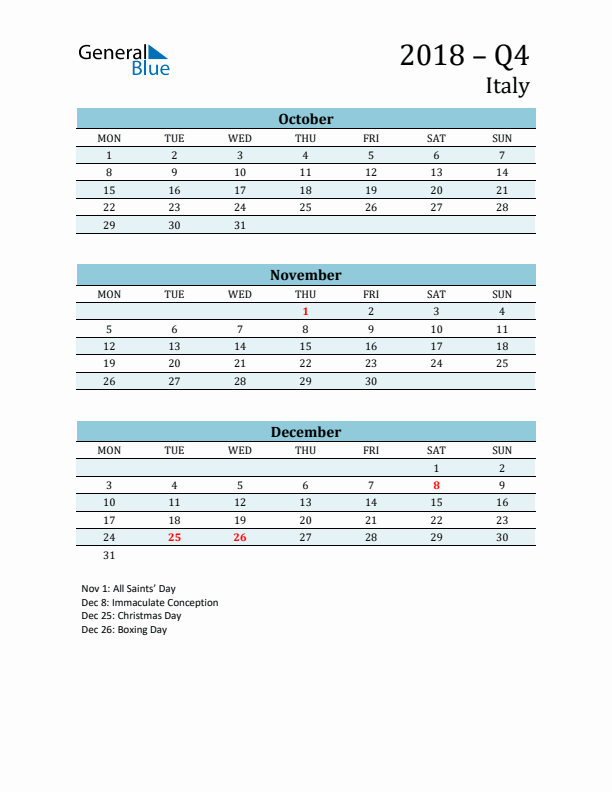 Three-Month Planner for Q4 2018 with Holidays - Italy