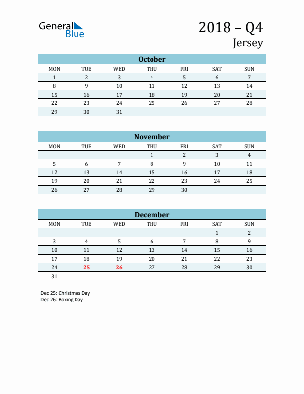 Three-Month Planner for Q4 2018 with Holidays - Jersey