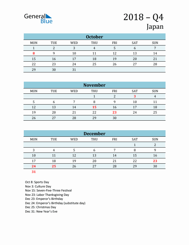 Three-Month Planner for Q4 2018 with Holidays - Japan