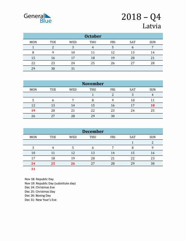 Three-Month Planner for Q4 2018 with Holidays - Latvia