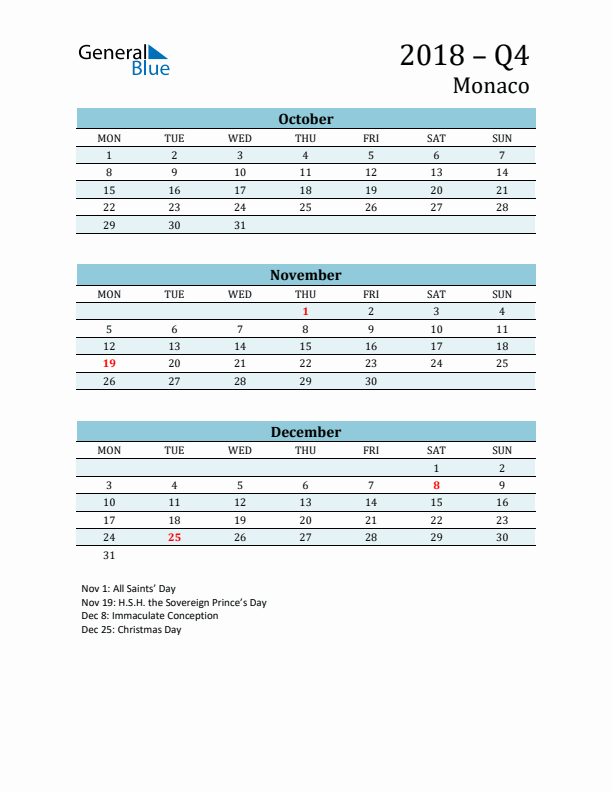 Three-Month Planner for Q4 2018 with Holidays - Monaco