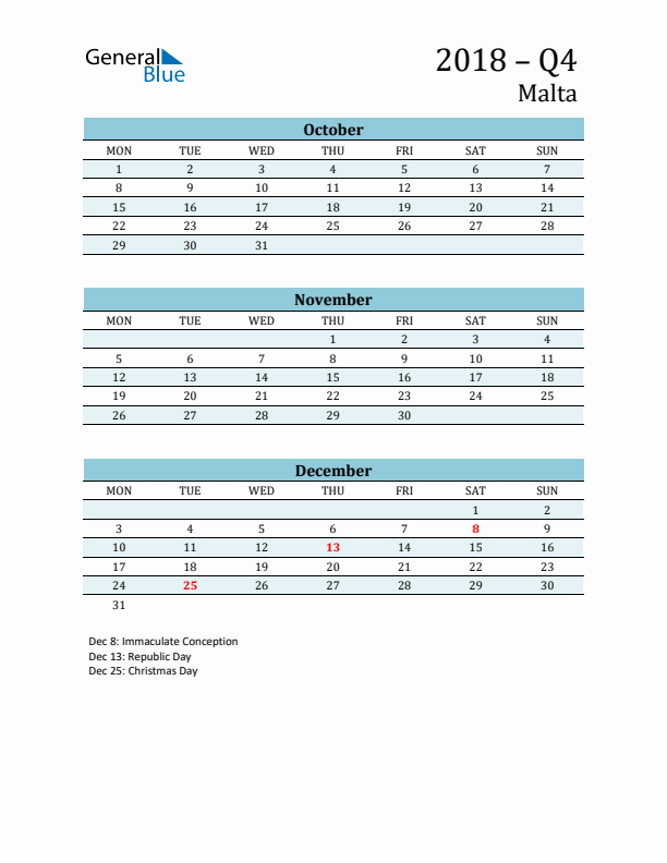 Three-Month Planner for Q4 2018 with Holidays - Malta