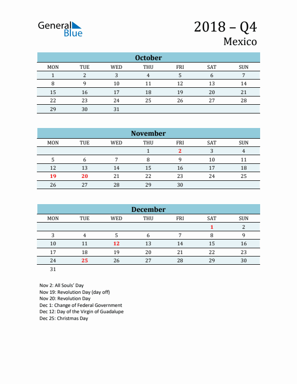 Three-Month Planner for Q4 2018 with Holidays - Mexico