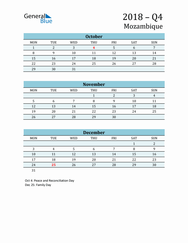 Three-Month Planner for Q4 2018 with Holidays - Mozambique