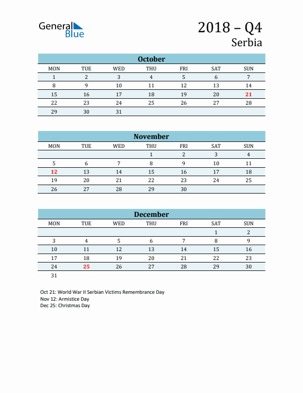 Three-Month Planner for Q4 2018 with Holidays - Serbia