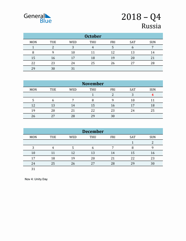 Three-Month Planner for Q4 2018 with Holidays - Russia