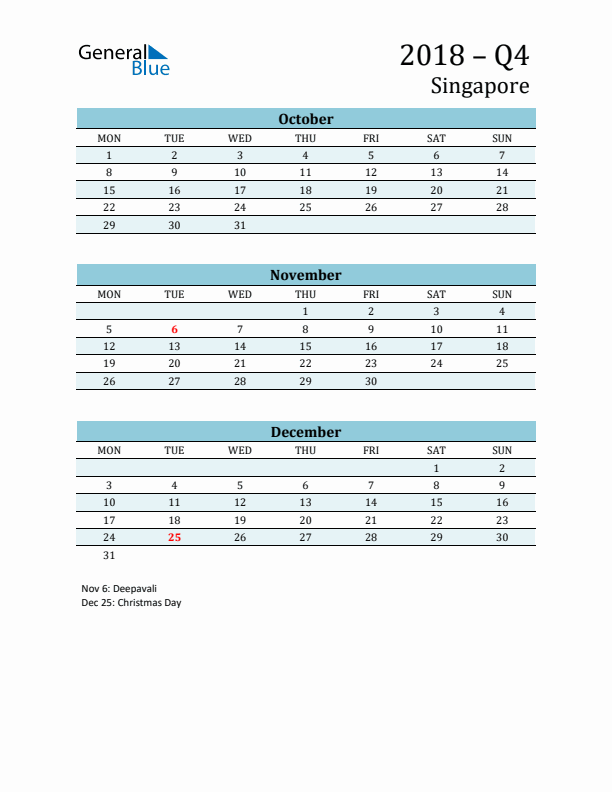 Three-Month Planner for Q4 2018 with Holidays - Singapore