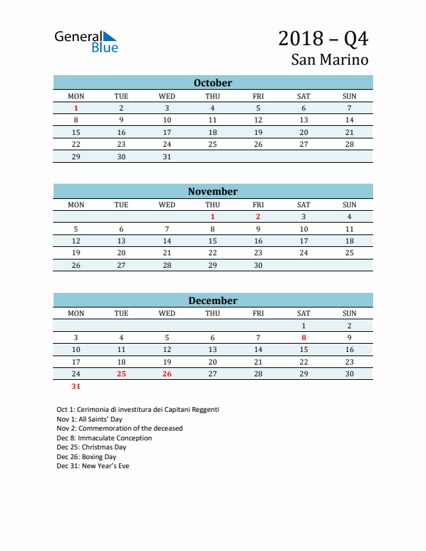 Three-Month Planner for Q4 2018 with Holidays - San Marino