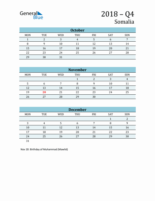 Three-Month Planner for Q4 2018 with Holidays - Somalia