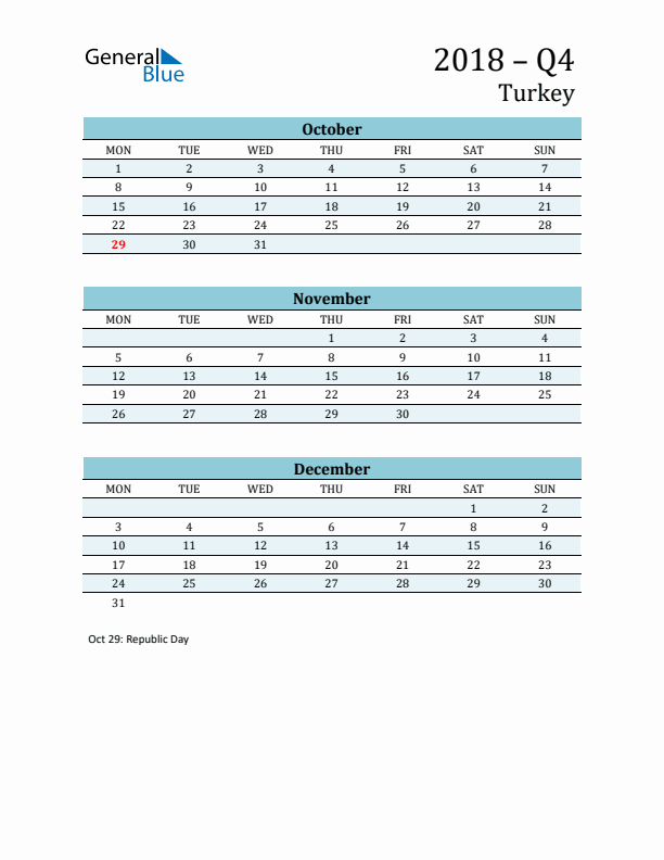 Three-Month Planner for Q4 2018 with Holidays - Turkey