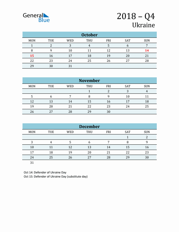 Three-Month Planner for Q4 2018 with Holidays - Ukraine