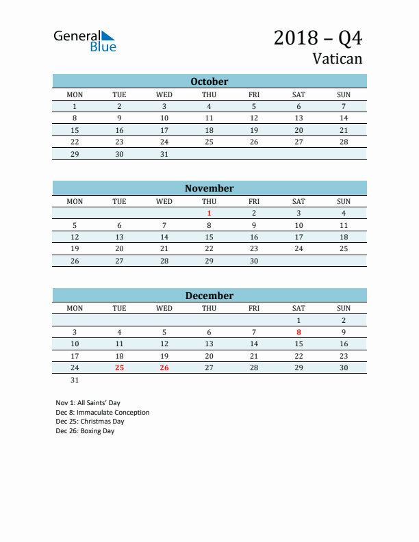 Three-Month Planner for Q4 2018 with Holidays - Vatican