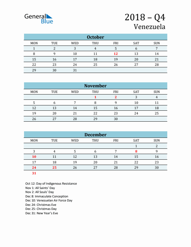 Three-Month Planner for Q4 2018 with Holidays - Venezuela