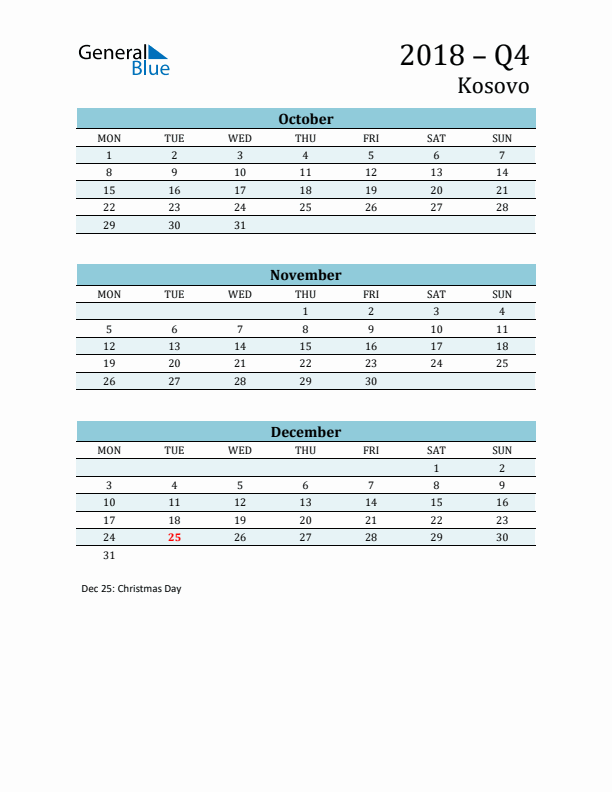 Three-Month Planner for Q4 2018 with Holidays - Kosovo