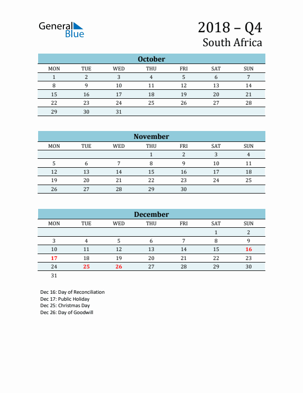 Three-Month Planner for Q4 2018 with Holidays - South Africa
