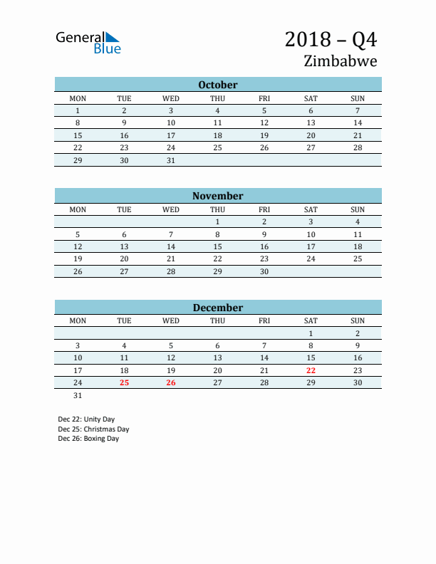 Three-Month Planner for Q4 2018 with Holidays - Zimbabwe