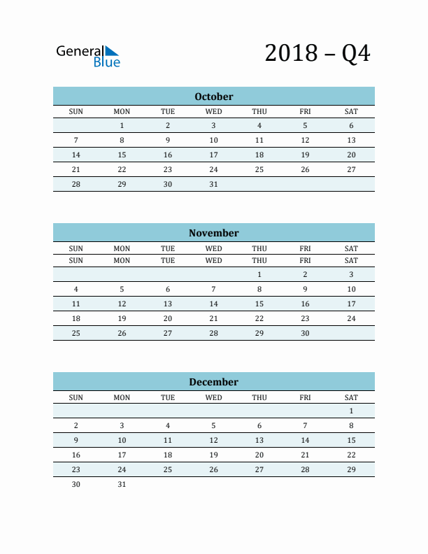 October, November, and December 2018 Calendar