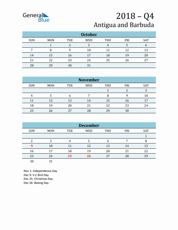 Three-Month Planner for Q4 2018 with Holidays - Antigua and Barbuda