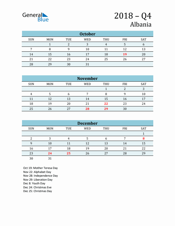 Three-Month Planner for Q4 2018 with Holidays - Albania