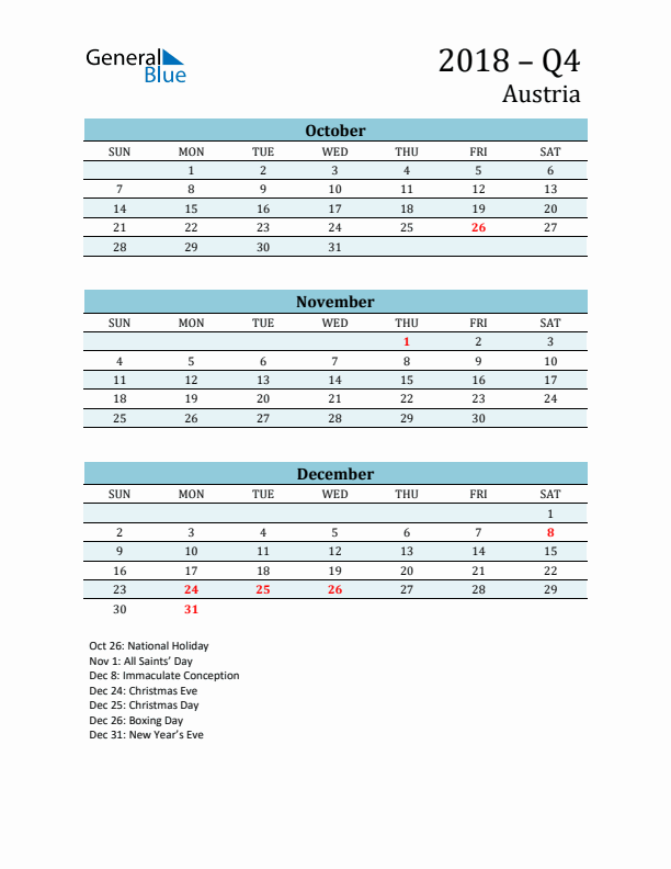 Three-Month Planner for Q4 2018 with Holidays - Austria