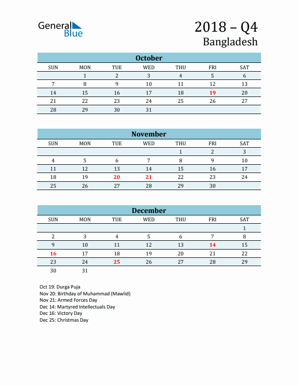 Three-Month Planner for Q4 2018 with Holidays - Bangladesh