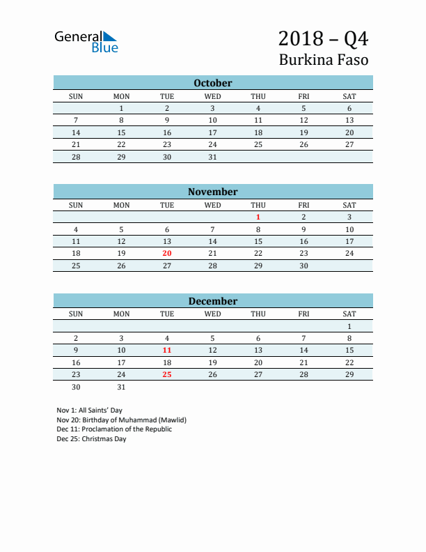 Three-Month Planner for Q4 2018 with Holidays - Burkina Faso