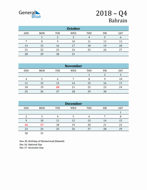 Three-Month Planner for Q4 2018 with Holidays - Bahrain