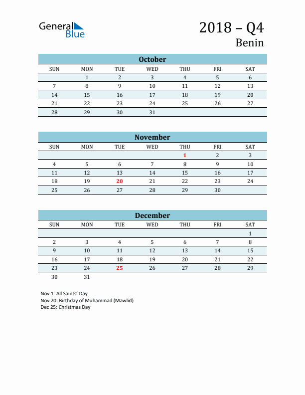 Three-Month Planner for Q4 2018 with Holidays - Benin