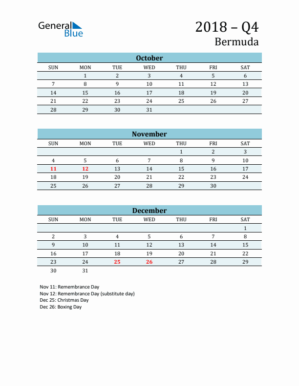 Three-Month Planner for Q4 2018 with Holidays - Bermuda